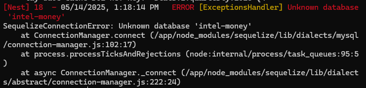 Backend log displaying database connection error