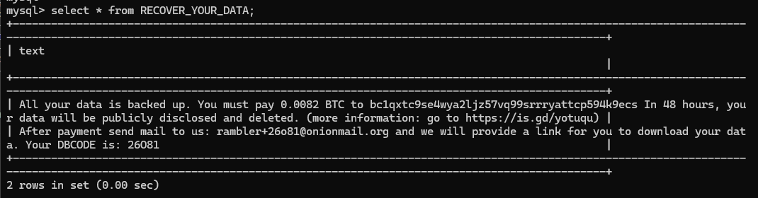 Ransomware ransom note demanding Bitcoin payment