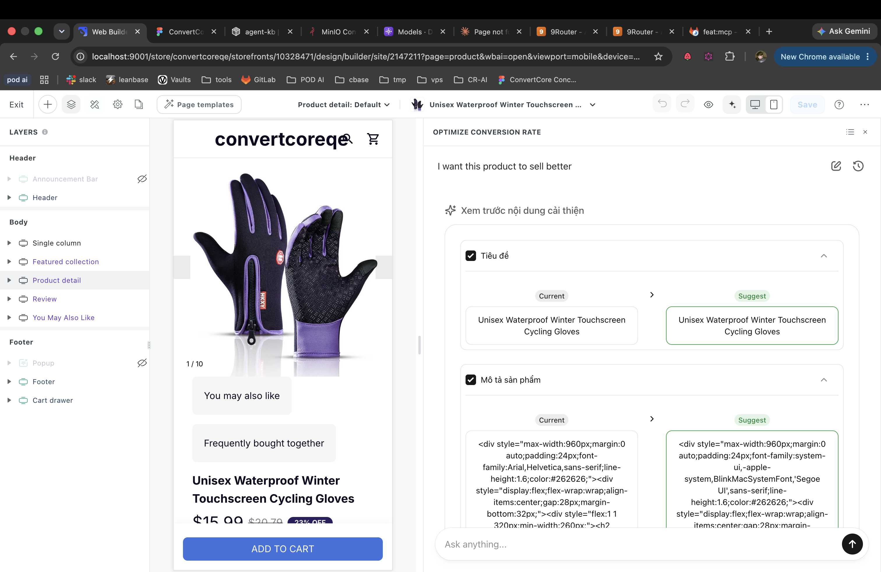 Side-by-side visual diff preview comparing current vs suggested content