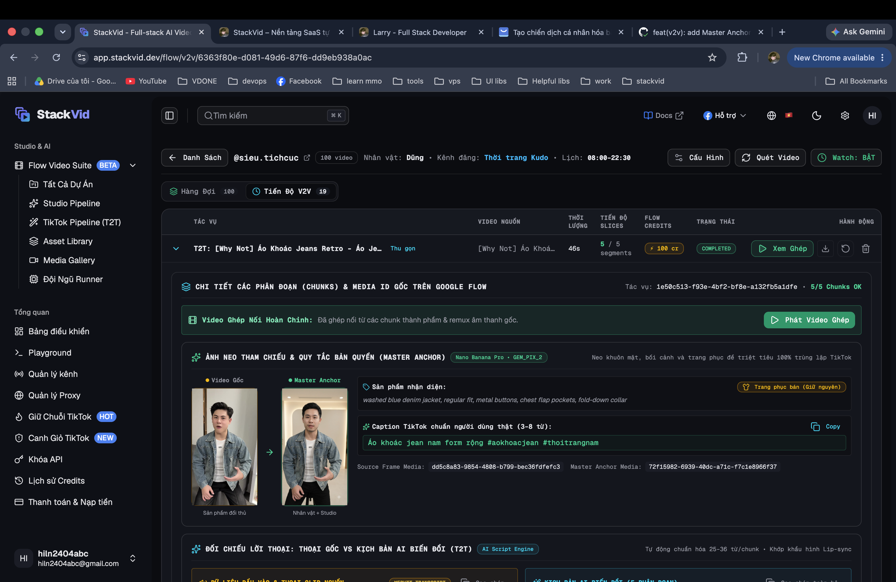 Master Anchor setup interface: Original competitor frame vs Persona Dũng with product preservation prompt