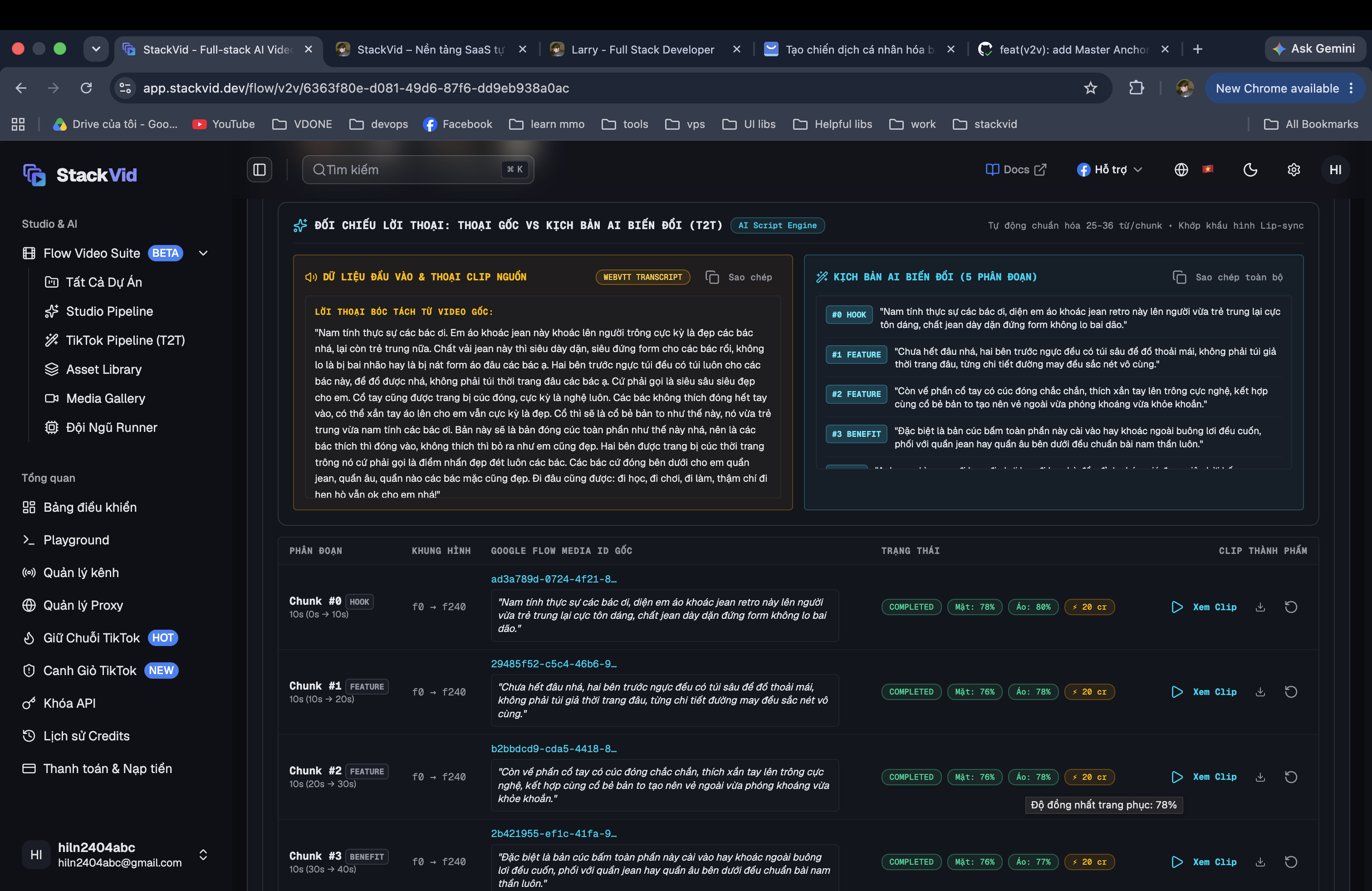 Dialogue comparison: Original transcript vs AI adapted script and chunk consistency table